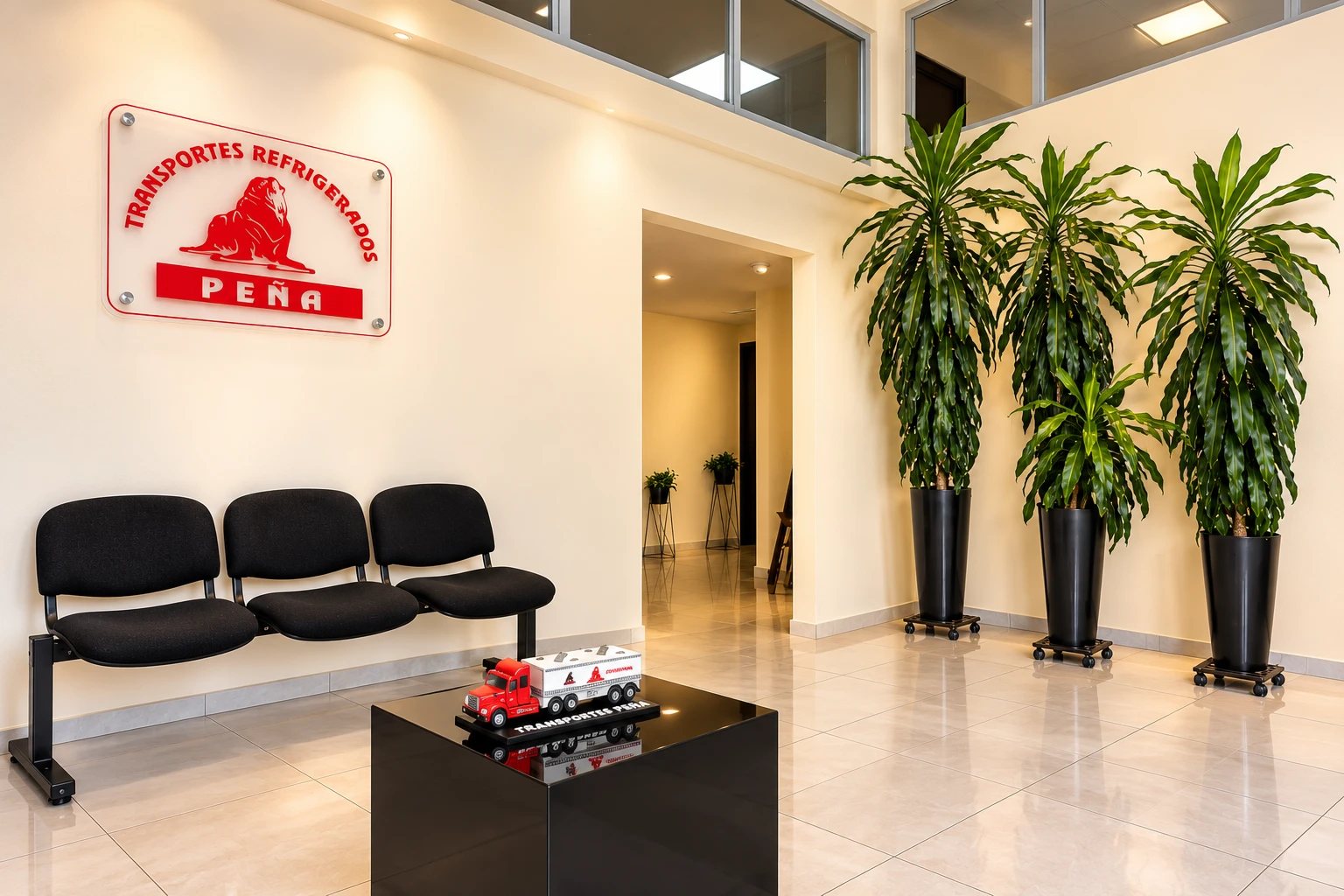 Recepción de las oficinas de Transportes Refrigerados Peña en Zamora: letrero de la empresa, sala de espera y un camión a escala